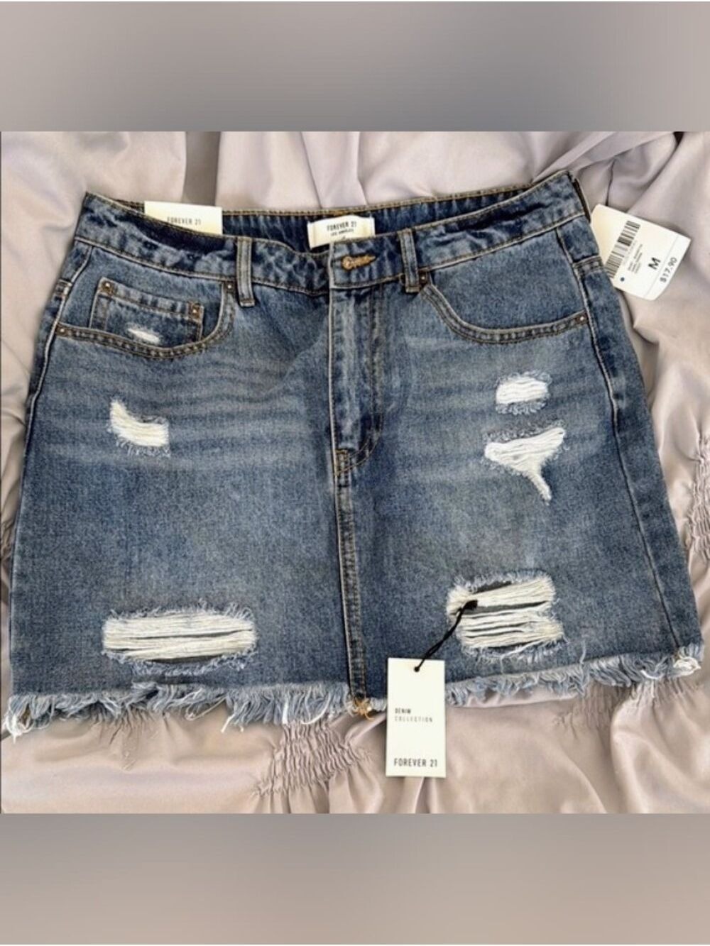 Forever 21 Size Medium Distressed Blue Denim Mini Skirt with Frayed Hem
